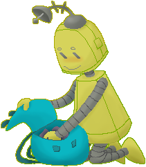 pixel drawing of a friendly robot camper opening their backpack.